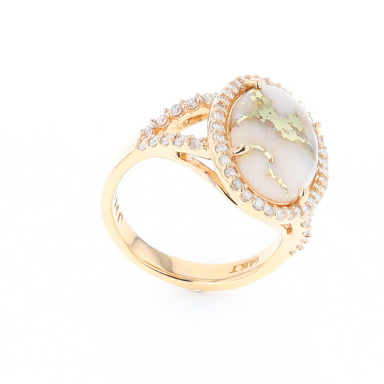 Gold Quartz Ring Oval Cabochon .65ctw Round Diamonds Halo