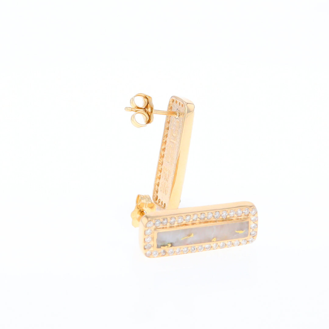 Gold Quartz Earrings Rectangle Inlaid with .50ctw Round Diamonds Halo Design