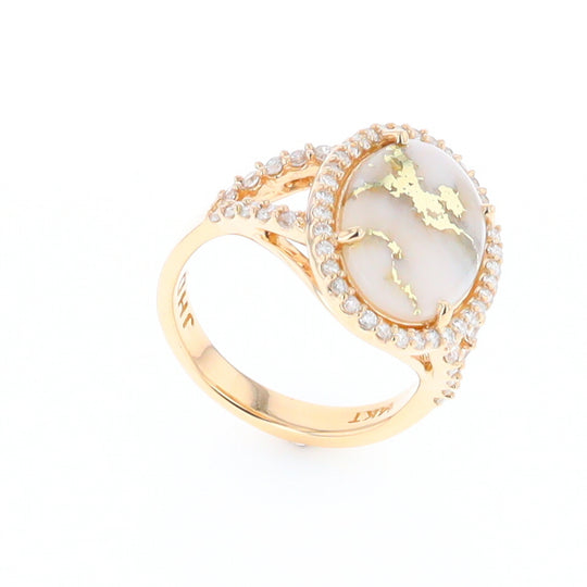 Gold Quartz Ring Oval Cabochon .65ctw Round Diamonds Halo