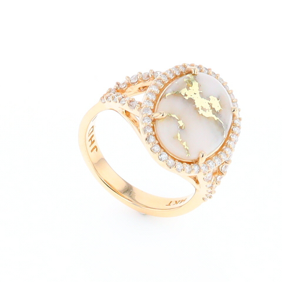 Gold Quartz Ring Oval Cabochon .65ctw Round Diamonds Halo