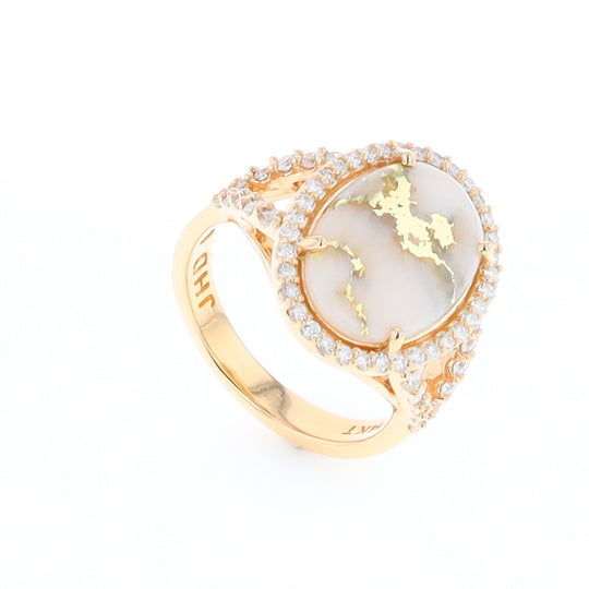 Gold Quartz Ring Oval Cabochon .65ctw Round Diamonds Halo