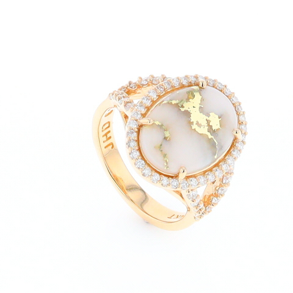 Gold Quartz Ring Oval Cabochon .65ctw Round Diamonds Halo