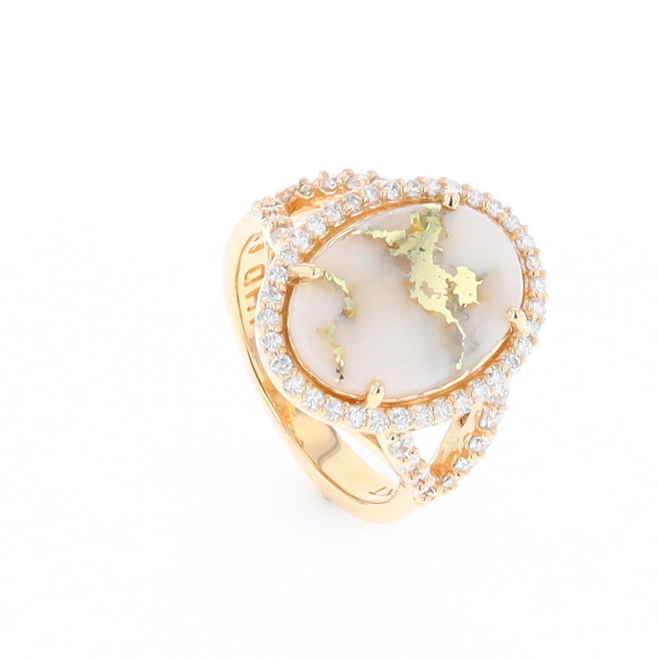 Gold Quartz Ring Oval Cabochon .65ctw Round Diamonds Halo