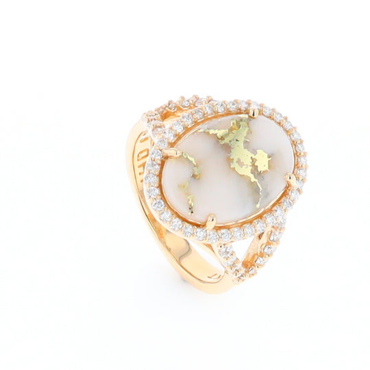 Gold Quartz Ring Oval Cabochon .65ctw Round Diamonds Halo