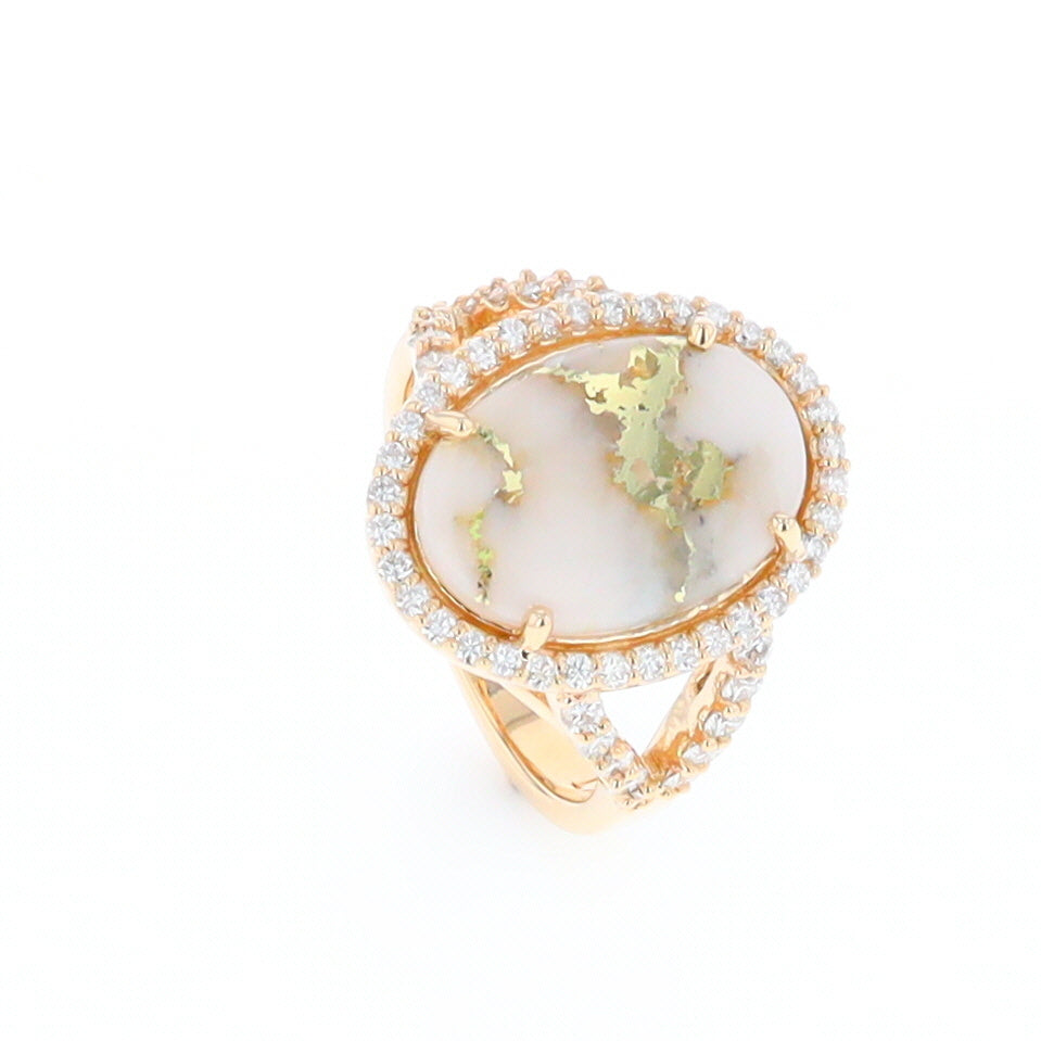 Gold Quartz Ring Oval Cabochon .65ctw Round Diamonds Halo