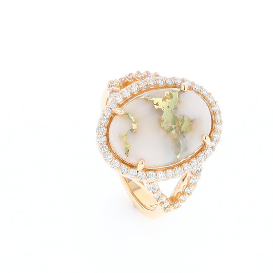Gold Quartz Ring Oval Cabochon .65ctw Round Diamonds Halo
