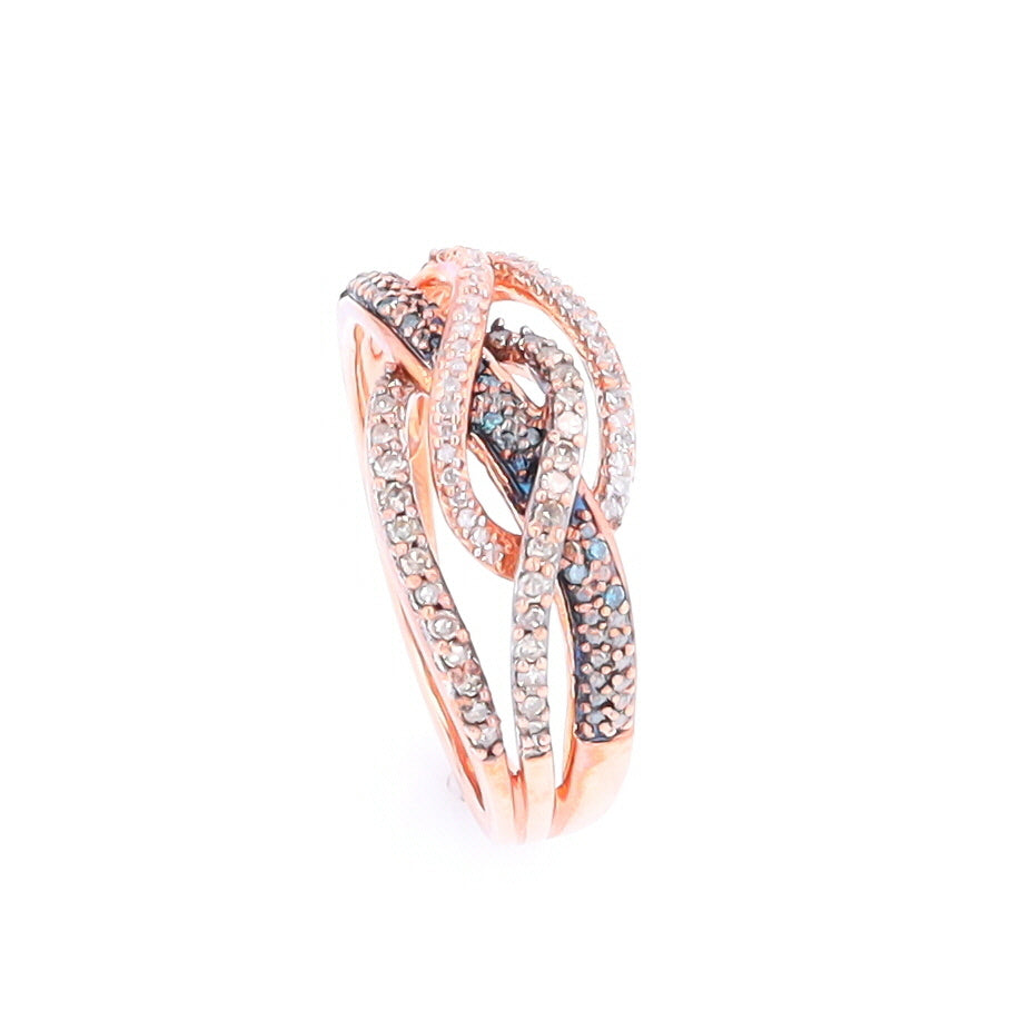 Bypass Crossover Row Ring with Chocolate, White, and Blue Diamonds in Rose Gold