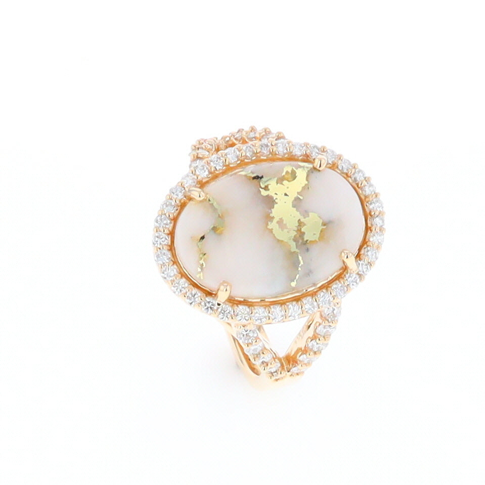 Gold Quartz Ring Oval Cabochon .65ctw Round Diamonds Halo