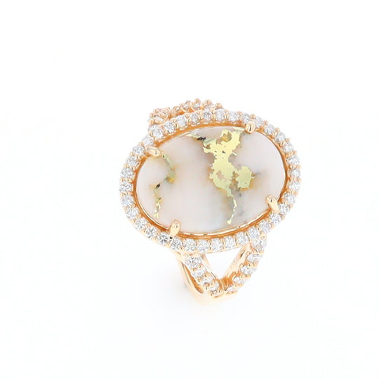 Gold Quartz Ring Oval Cabochon .65ctw Round Diamonds Halo