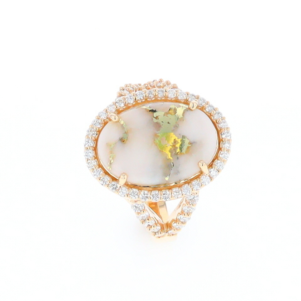 Gold Quartz Ring Oval Cabochon .65ctw Round Diamonds Halo