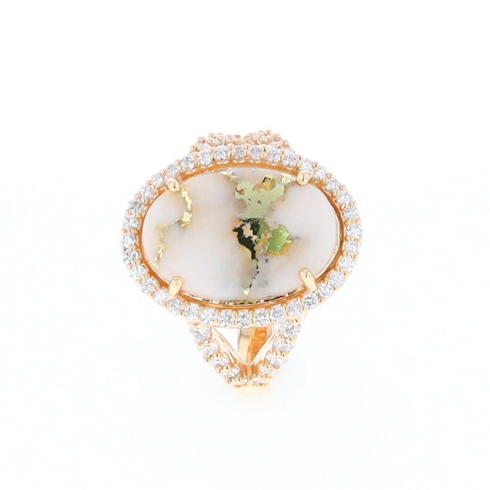Gold Quartz Ring Oval Cabochon .65ctw Round Diamonds Halo