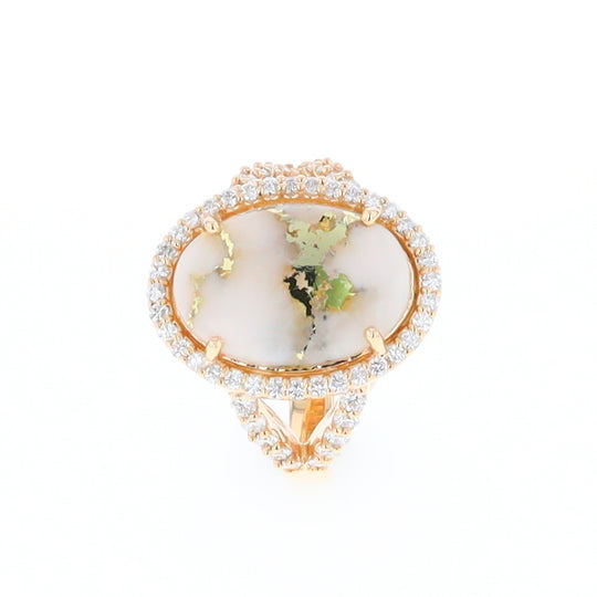 Gold Quartz Ring Oval Cabochon .65ctw Round Diamonds Halo