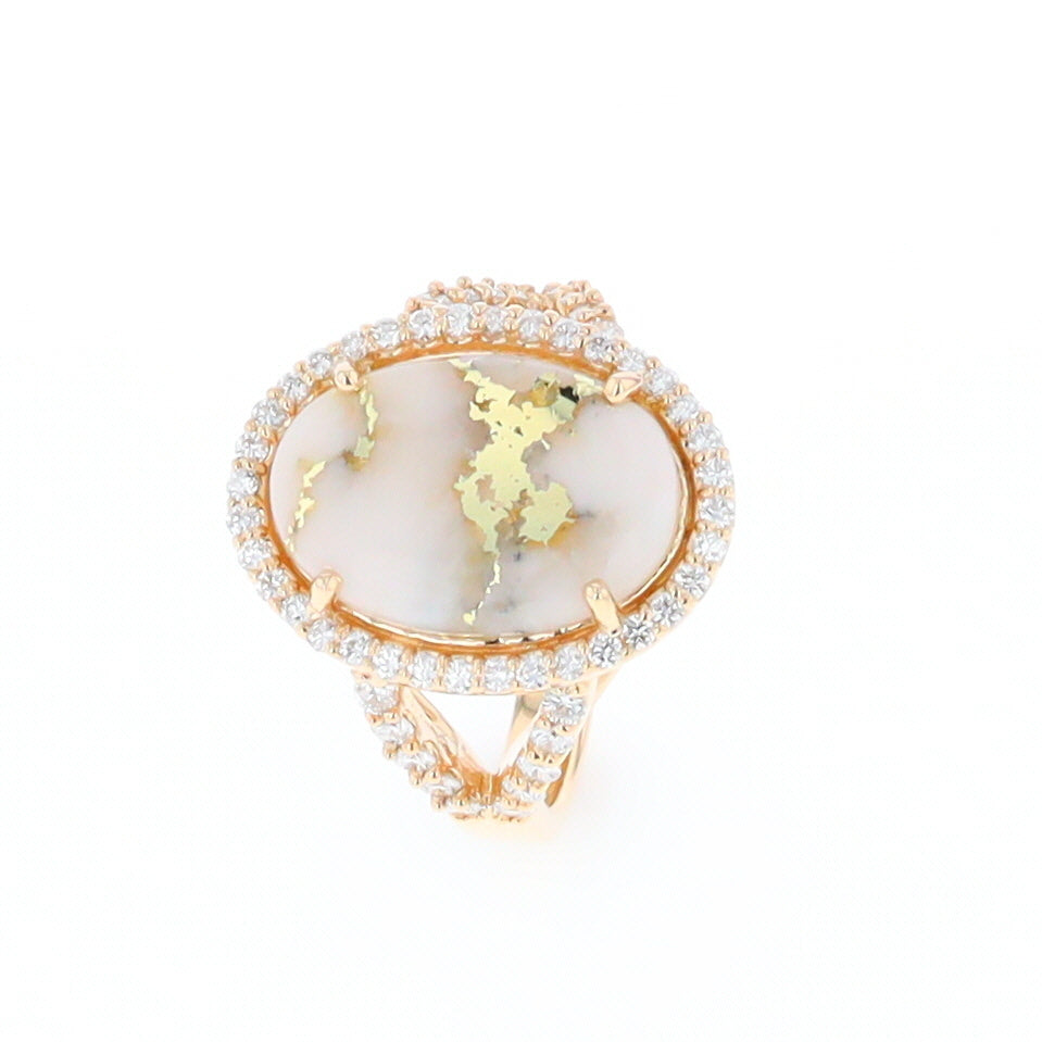 Gold Quartz Ring Oval Cabochon .65ctw Round Diamonds Halo