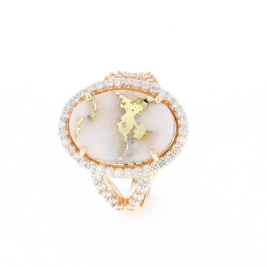 Gold Quartz Ring Oval Cabochon .65ctw Round Diamonds Halo