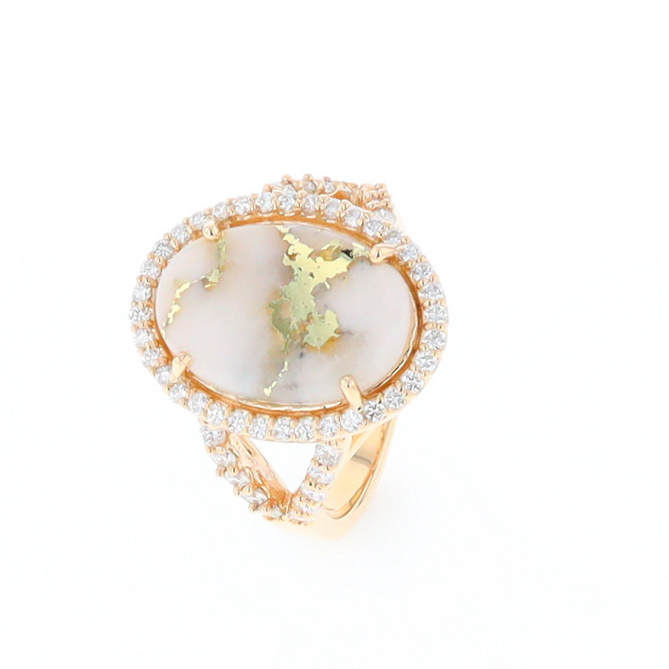 Gold Quartz Ring Oval Cabochon .65ctw Round Diamonds Halo