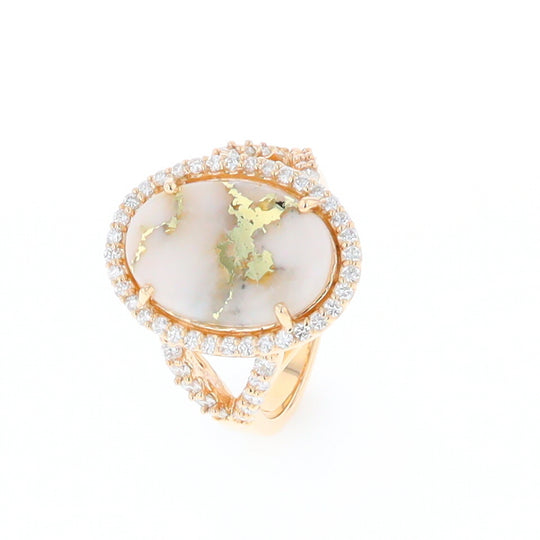 Gold Quartz Ring Oval Cabochon .65ctw Round Diamonds Halo