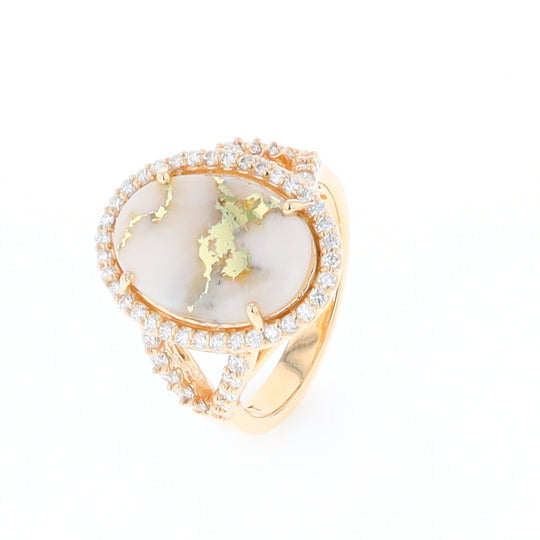 Gold Quartz Ring Oval Cabochon .65ctw Round Diamonds Halo