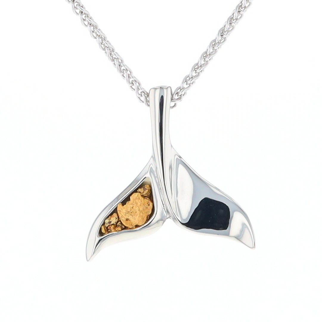Whale Tail Natural Nuggets Inlaid Sea Life Medium White Gold Pendant