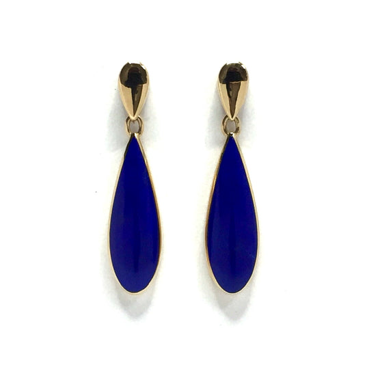 14K Yellow Gold Lapis Earrings Dangle Tear Drop Inlaid-James Hawkes Designs-Hawkes and Co