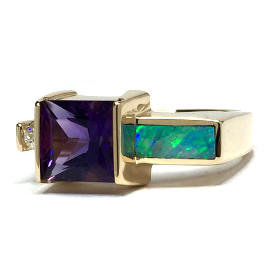 Natural Opal Ring Square Amethyst .06ct Diamond Superior Quality 14K Yellow Gold-James Hawkes Designs-Hawkes and Co