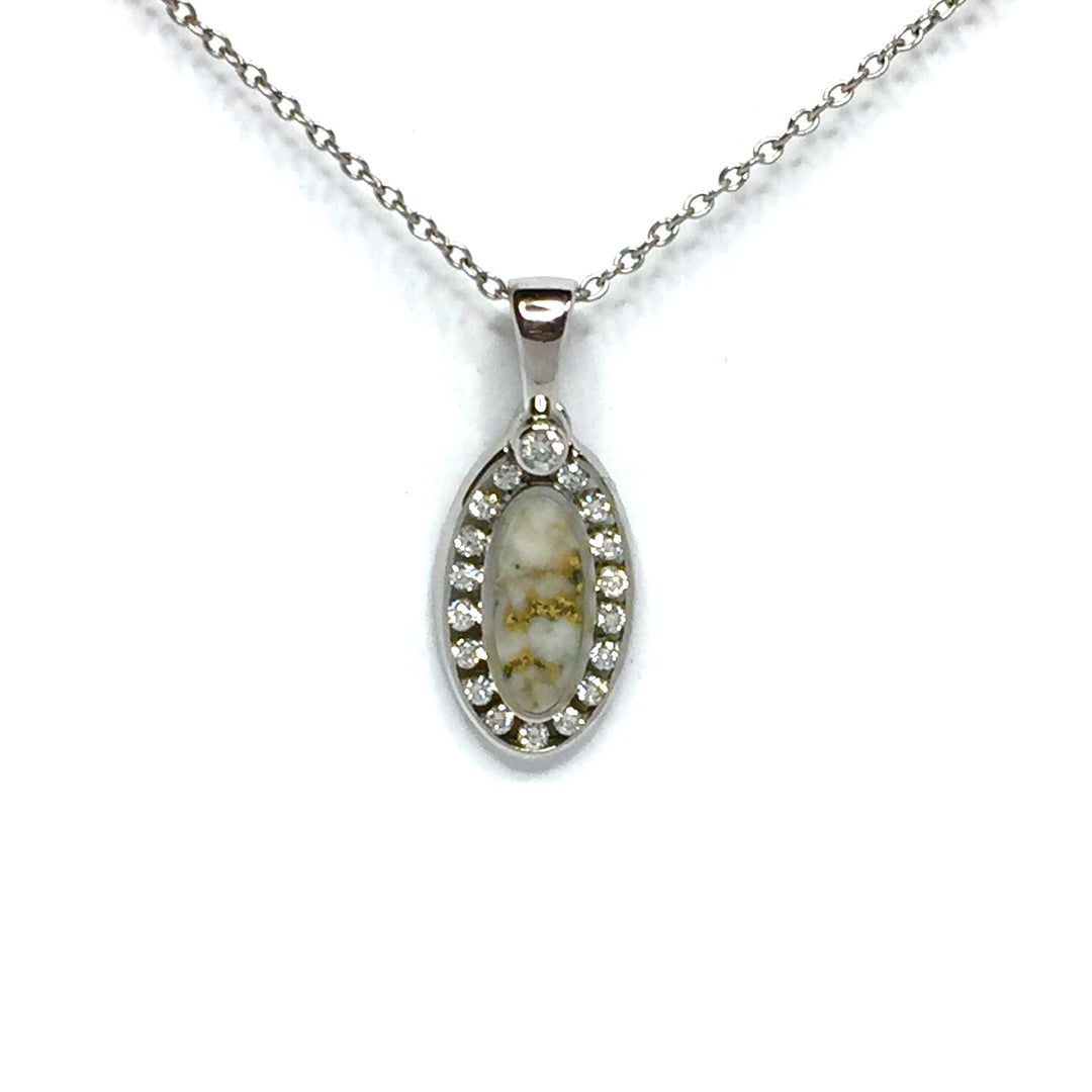 Gold in quartz necklace .22ctw halo diamond oval inlaid pendant made of 14k white gold