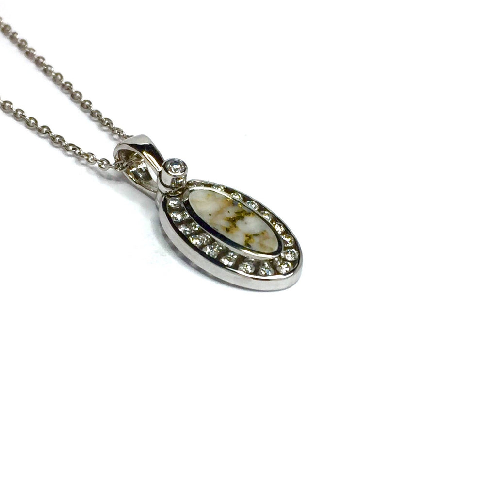 Gold in quartz necklace .22ctw halo diamond oval inlaid pendant made of 14k white gold