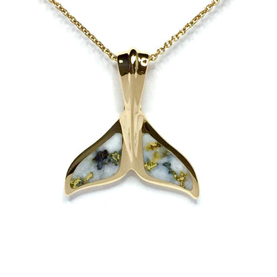 Whale Tail Necklaces Gold Quartz Double Sided Inlaid Sea Life Pendant