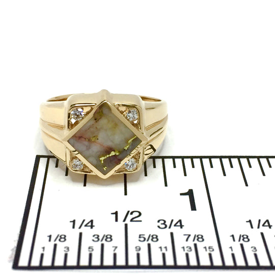 Gold Quartz Ring Diamond Shape Inlaid .16ctw Round Diamonds 14k Yellow Gold