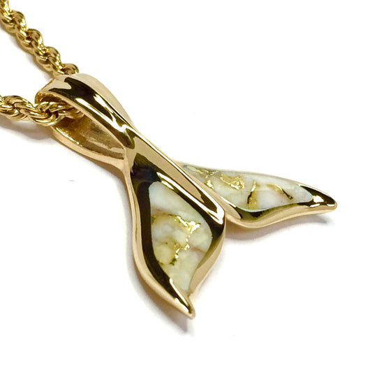 Whale Tail Necklaces Gold in quartz double sided inlaid sea life pendant made of 14k yellow gold