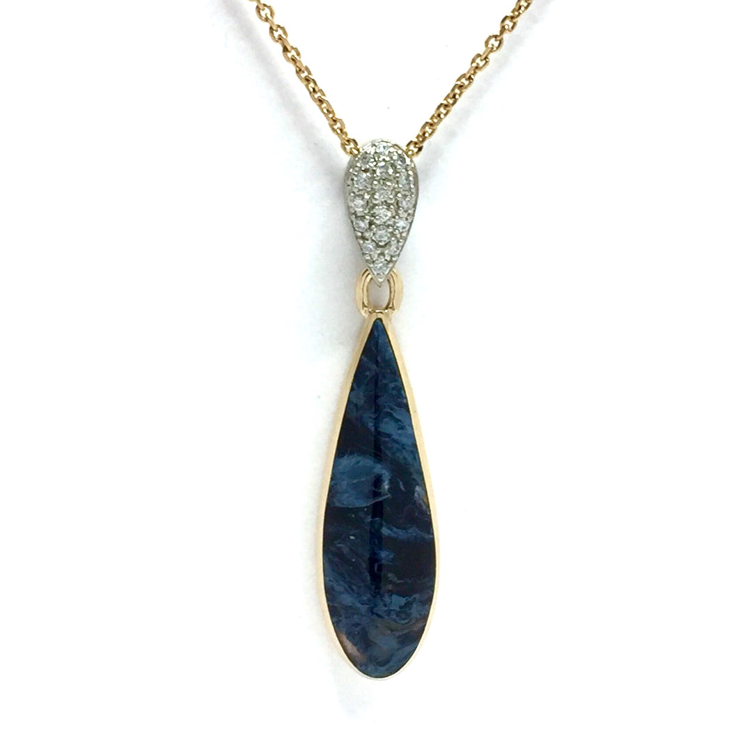 Natural Pietersite Tear Drop Inlaid Pendant 14k Gold with .11ctw Diamonds