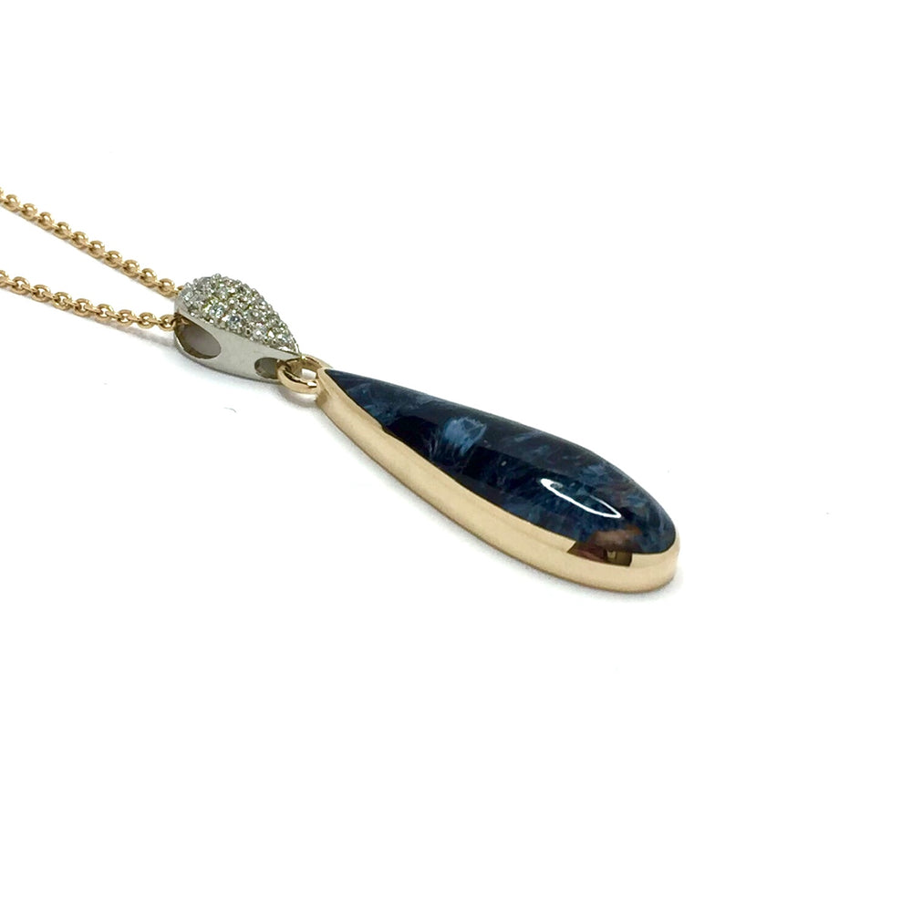 Natural Pietersite Tear Drop Inlaid Pendant 14k Gold with .11ctw Diamonds