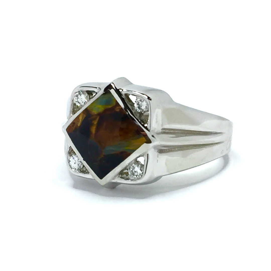 Natural pietersite ring diamond shape inlaid design with .16ctw round diamonds