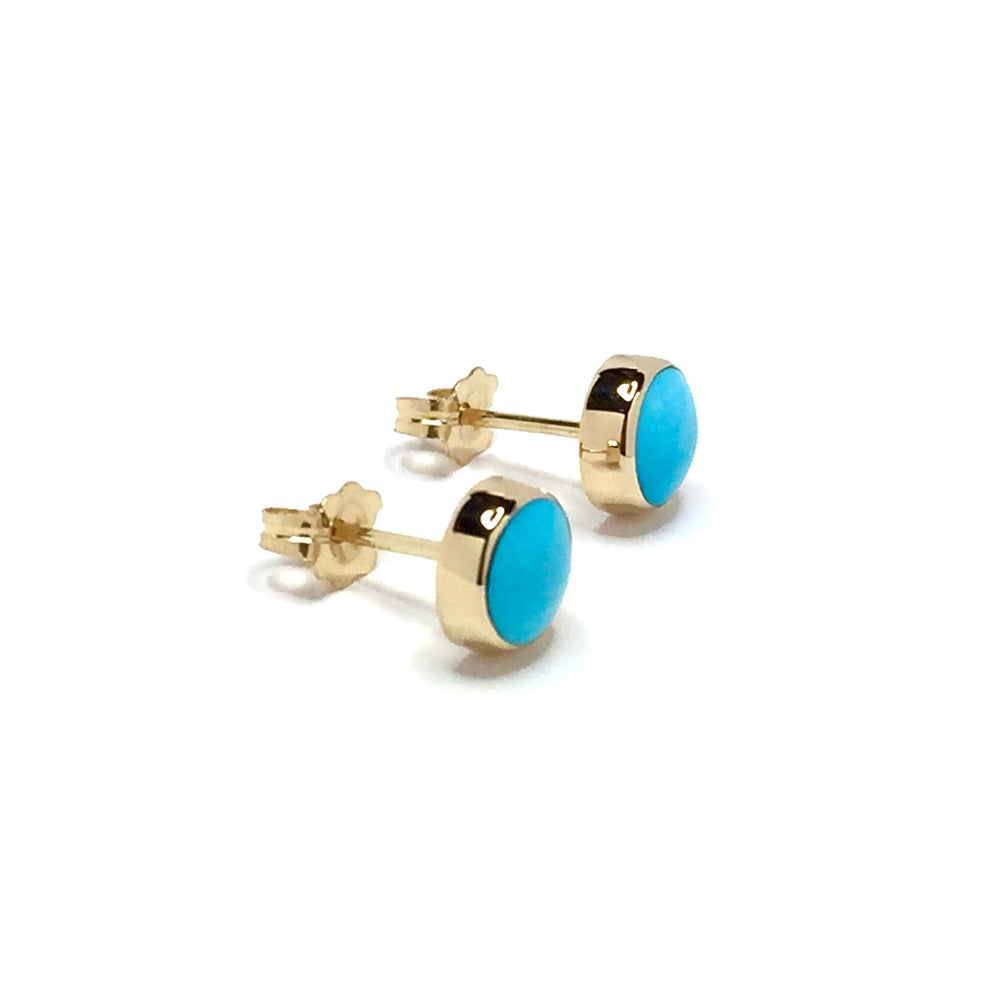 Round Turquoise Stud Earrings 14k Yellow Gold