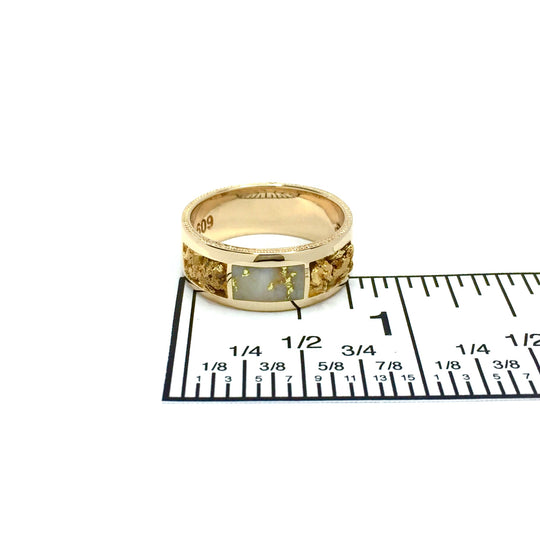 Gold Quartz Ring Rectangle Inlaid Natural Nuggets Sides Milgrain Band 14k Yellow Gold
