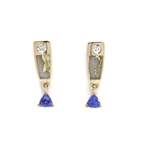Gold Quartz Earrings Rectangle Inlaid Design with .11ct Diamonds & Trillion Cut Tanzanite