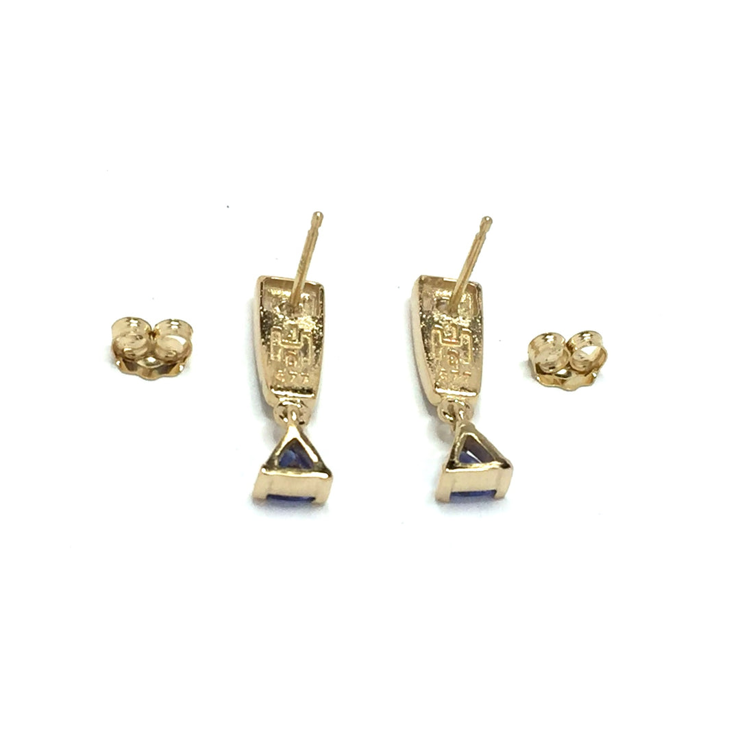 Gold quartz earrings rectangle inlaid design trillion tanzanite and .11ctw diamonds 14k yellow gold