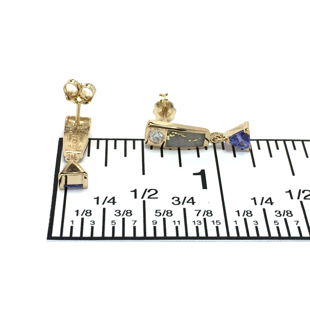 Gold quartz earrings rectangle inlaid design trillion tanzanite and .11ctw diamonds 14k yellow gold