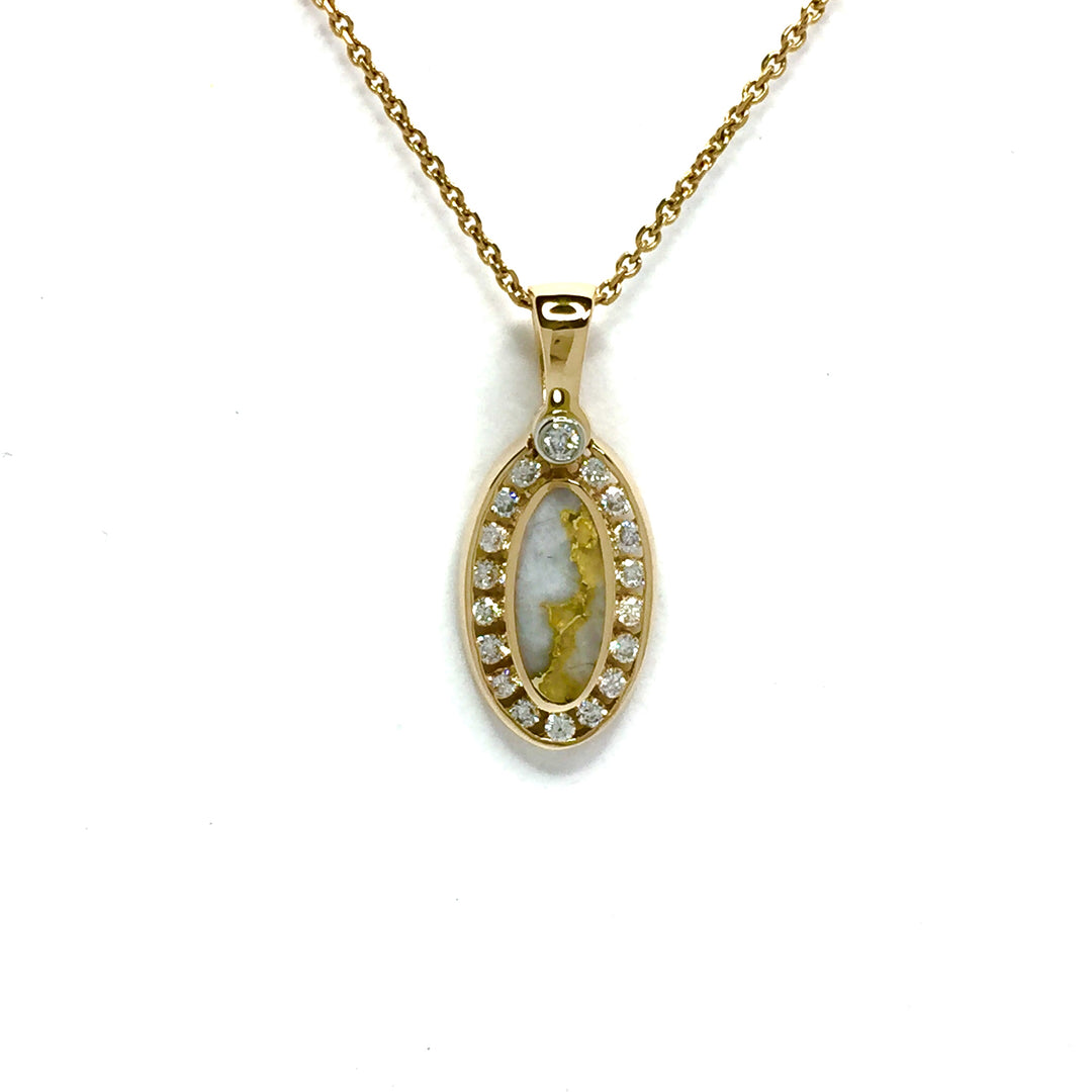 Gold in quartz necklace .22ctw halo diamond oval inlaid pendant made of 14k yellow gold