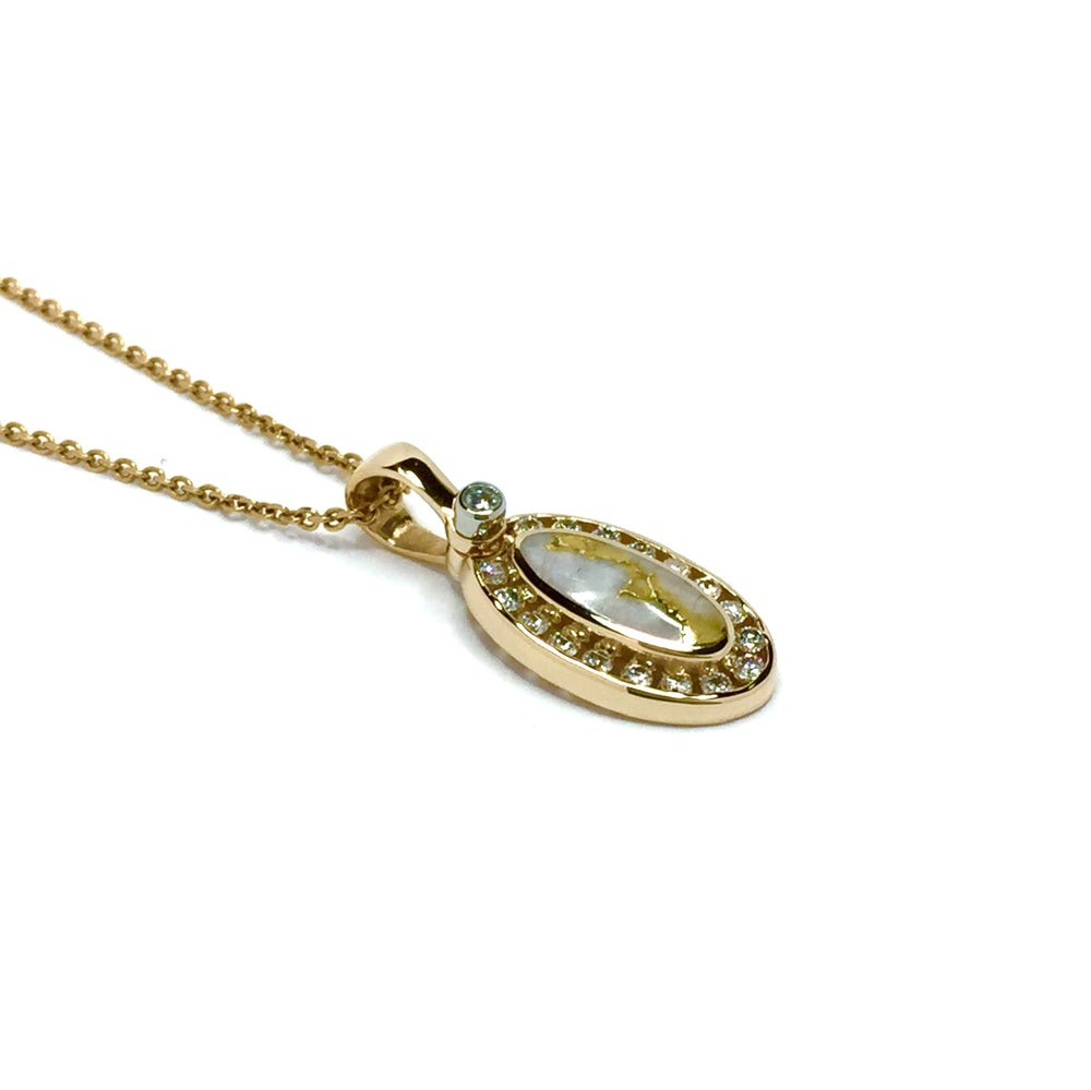 Gold in quartz necklace .22ctw halo diamond oval inlaid pendant made of 14k yellow gold