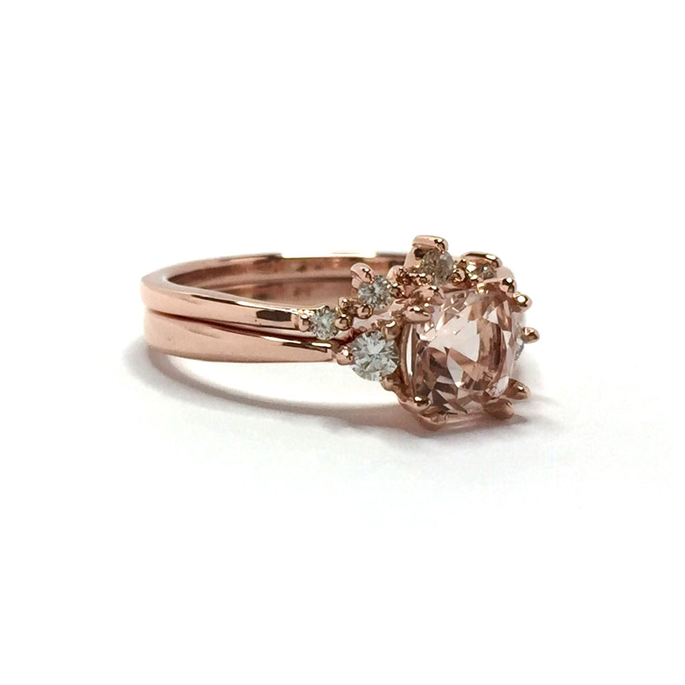 Cushion Cut Morganite and Diamond Three Stone Engagement Ring 14k Rose Gold