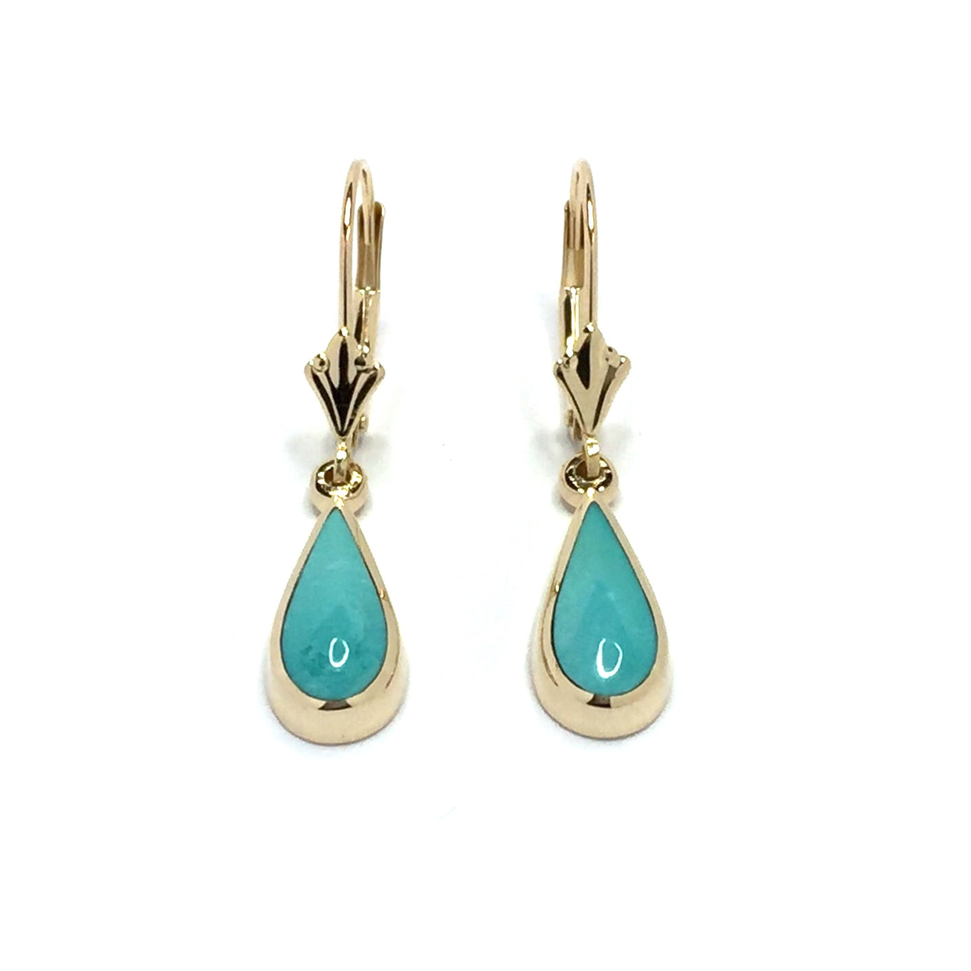 Natural Sleeping Beauty Turquoise Tear Drop Inlaid Lever Back Earrings