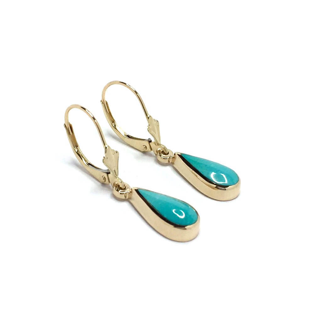 Sleeping Beauty Turquoise Tear Drop Inlaid Lever Back Earrings 14K Yellow Gold