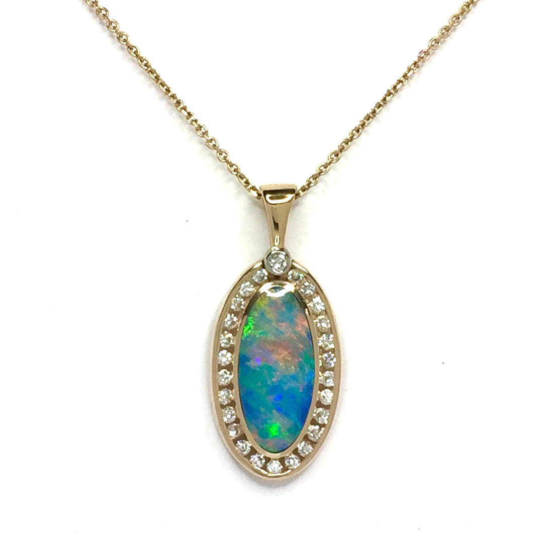 Natural Australian Opal Pendant Oval Inlaid Design .37ctw Round Diamonds Halo 14k Yellow Gold