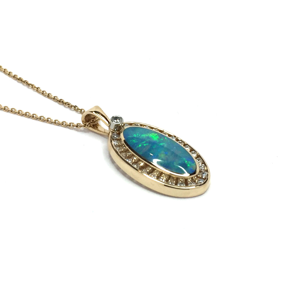 Natural Australian Opal Pendant Oval Inlaid Design .37ctw Round Diamonds Halo 14k Yellow Gold