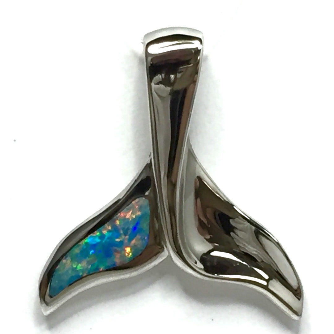 Whale Tail Necklaces Natural Australian Opal Single Side Inlaid Sea Life Pendant 14k White Gold