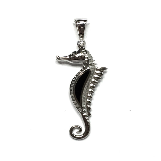 Onyx Inlaid .02Ctw Diamond Seahorse Pendant