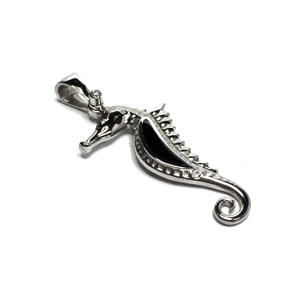 Onyx Inlaid .02Ctw Diamond Seahorse Pendant