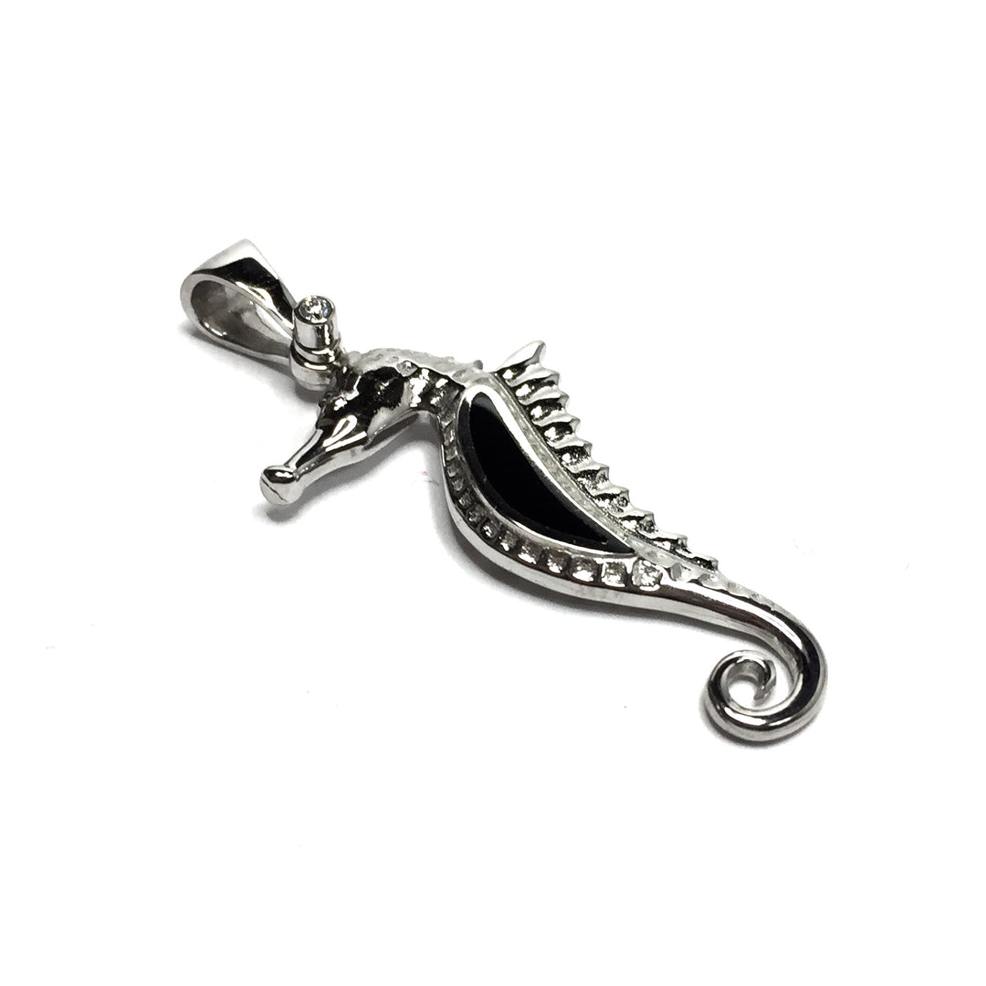 Onyx Inlaid .02Ctw Diamond Seahorse Pendant