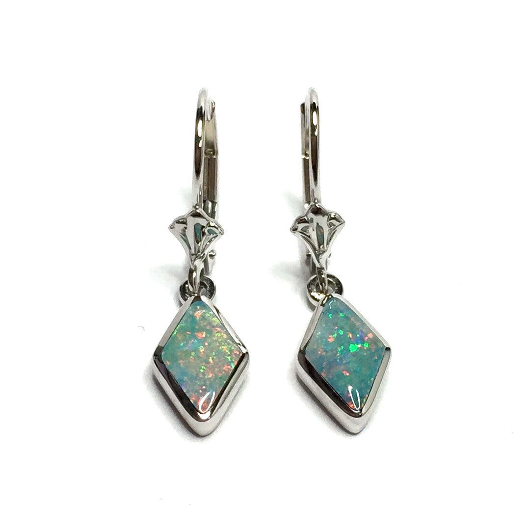 Opal Earrings Diamond Shape Inlaid Design Lever Backs 14k White Gold