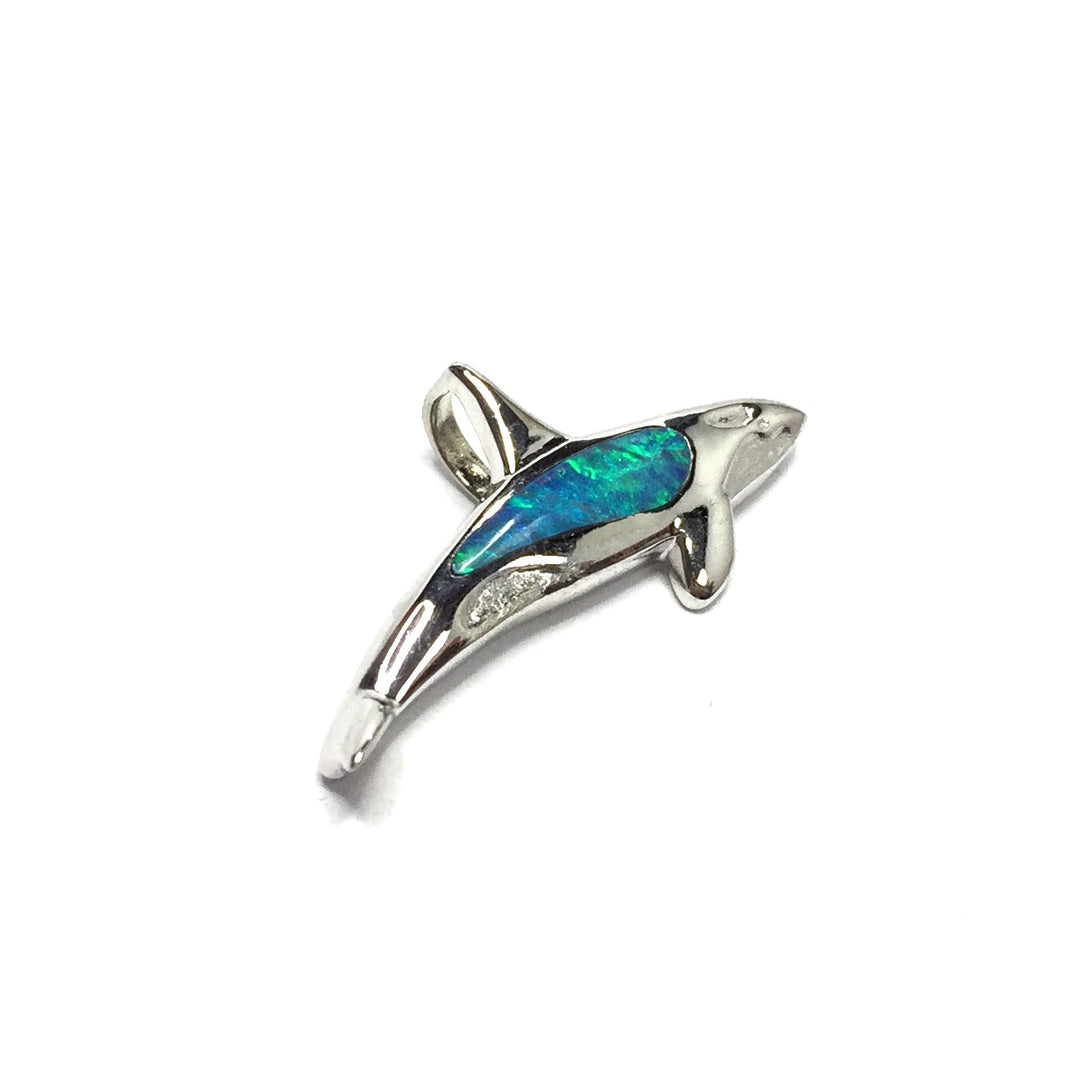Opal Pendant Inlaid Realistic Orca Whale Design 14k White Gold